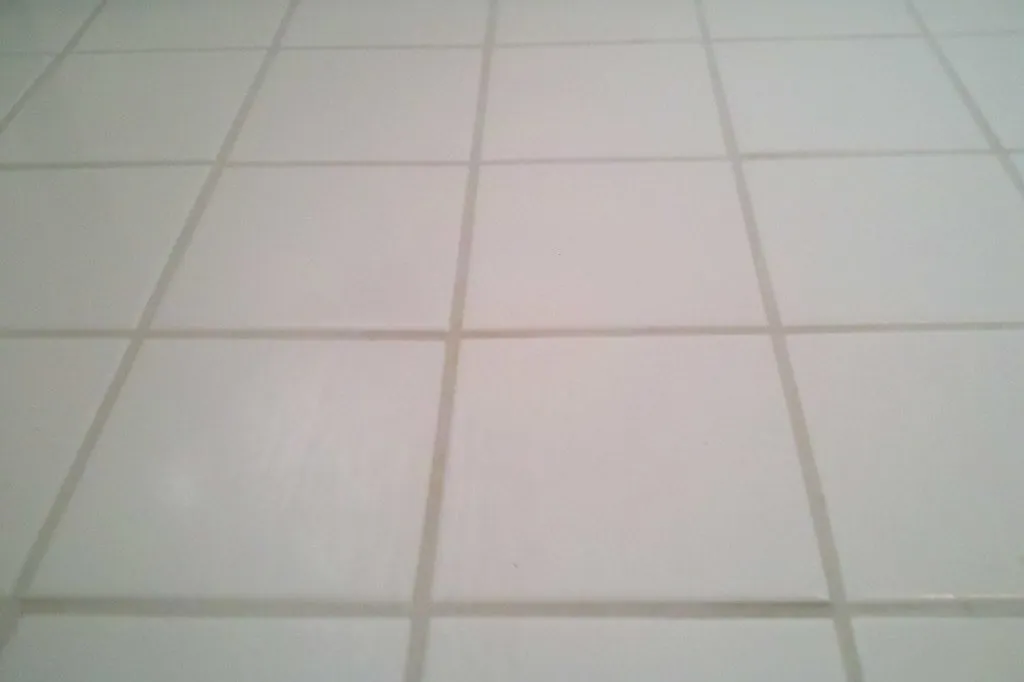 Close-up of white floor tiles and clean gray grout lines