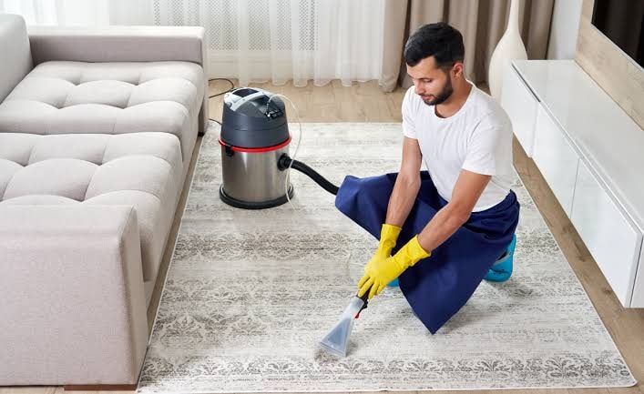Technician in gloves deep-cleaning a patterned area rug beside a sofa